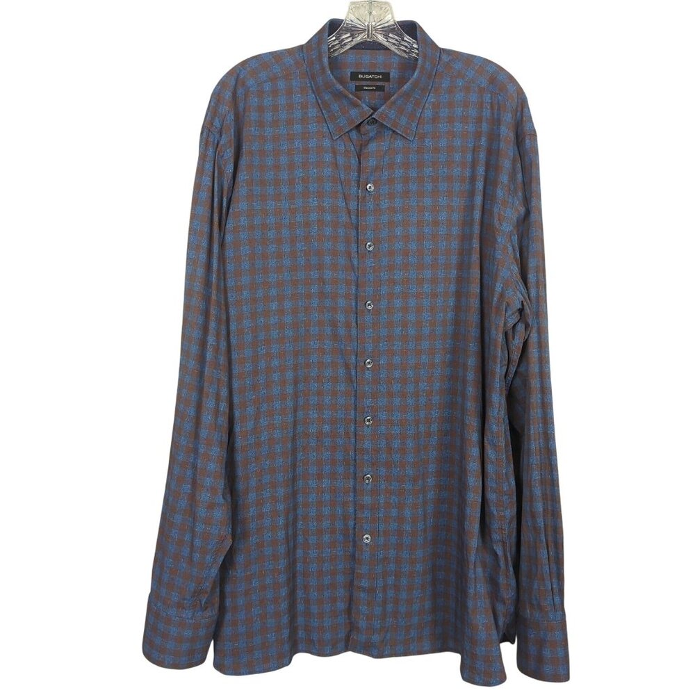 Bugatchi Classic Fit Mens Brown Blue Checkered Long Sleeve Button-Up Shirt sz XL